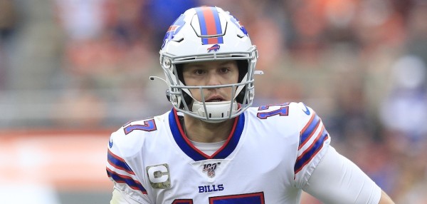 Josh Allen looks straight ahead while playing for the Buffalo Bills in the NFL